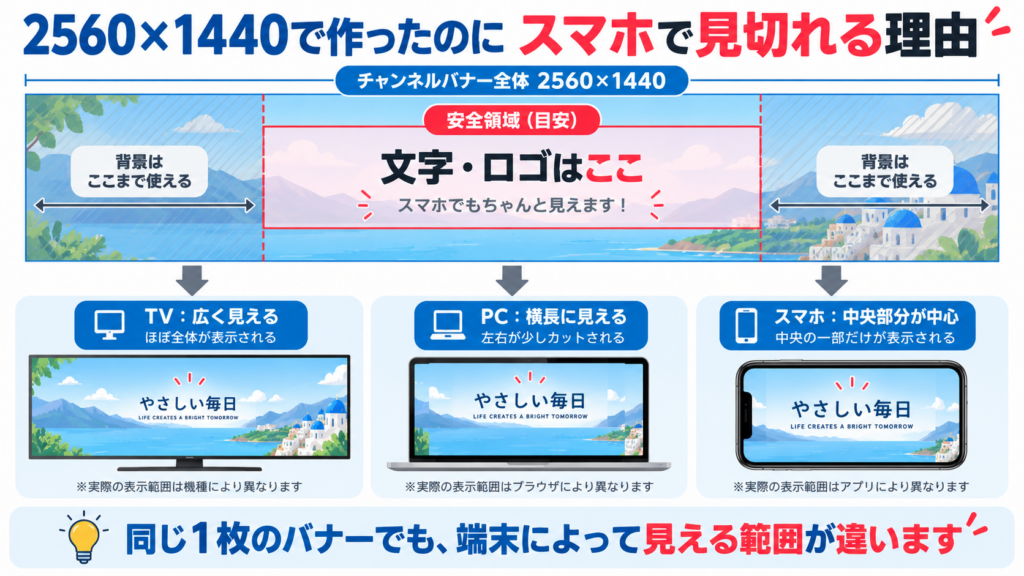 同じ2560×1440のYouTubeチャンネルバナーでもTV、PC、スマホによって表示される範囲が違うことを示した図解