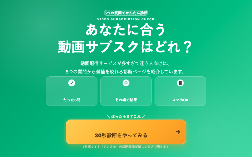 動画サブスク診断ちゃんのトップ画面。5つの質問から動画配信サービスを診断できる