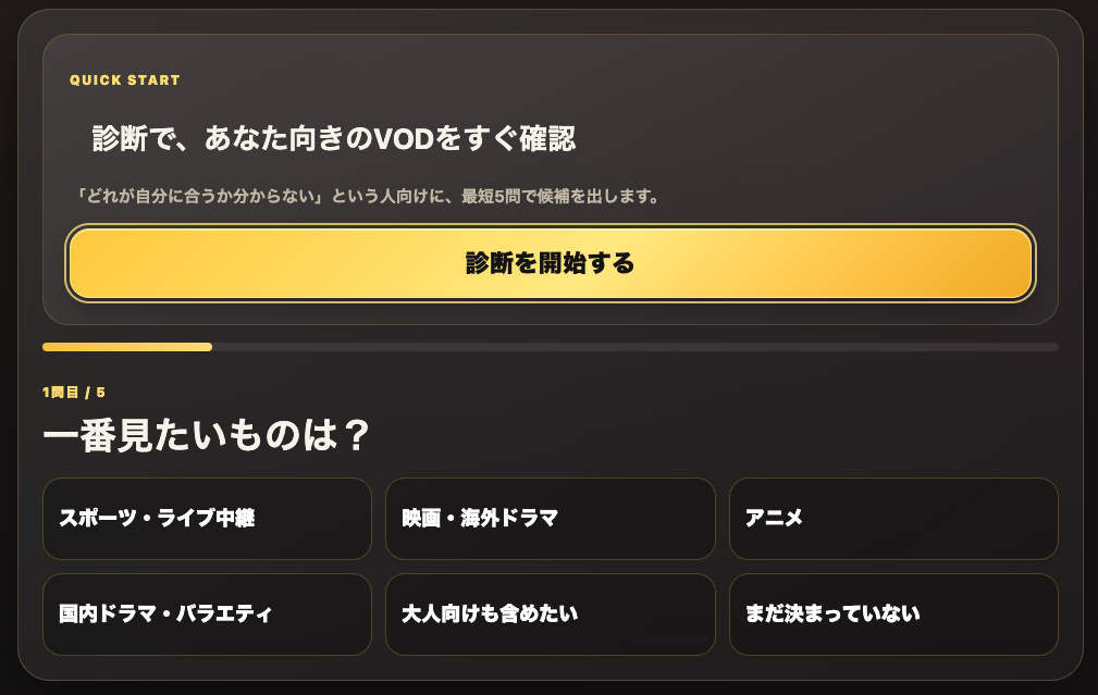 動画サブスク診断の質問画面。一番見たいジャンルなどを選択する