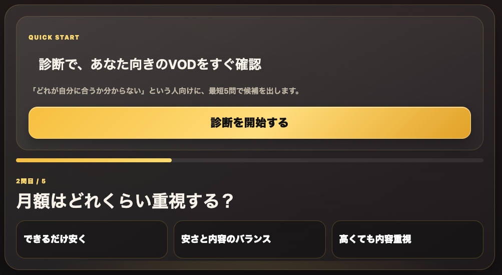 動画サブスク診断で月額料金や無料体験などの希望を選ぶ画面