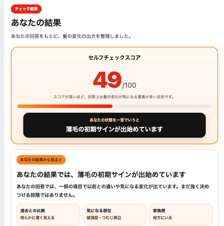 AGA髪の状態チェックAIちゃんの結果画面 AGA髪の状態チェックAIちゃんの結果画面。回答内容から状態バランスや気になりやすい項目を表示している