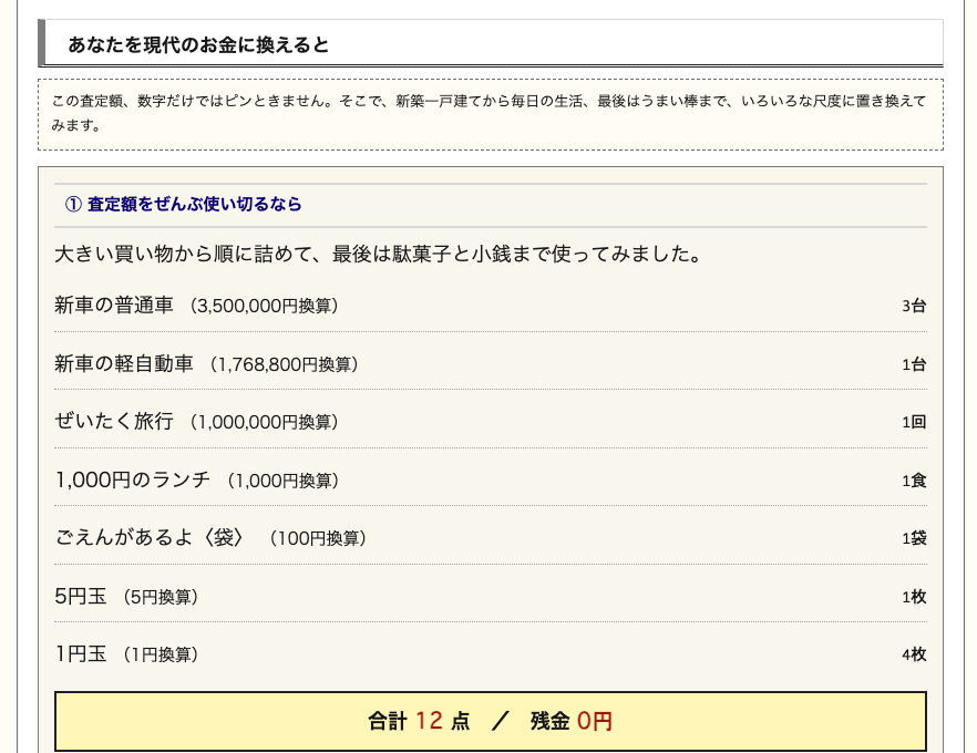 査定額を住宅や車など現代のお金に換算した画面